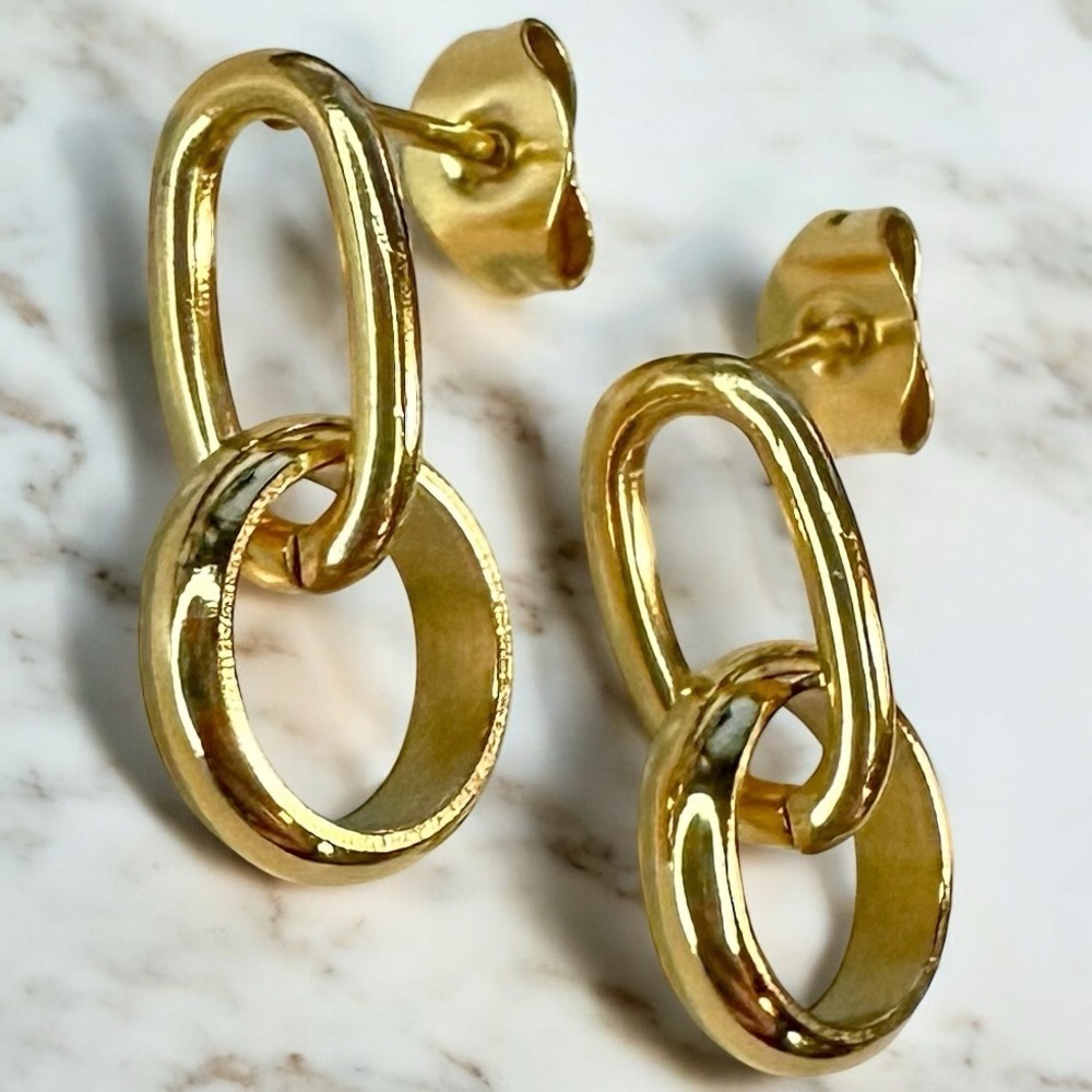 NEW Yellow Gold-Plated Stainless Steel Double Link Stud Back Drop Earrings